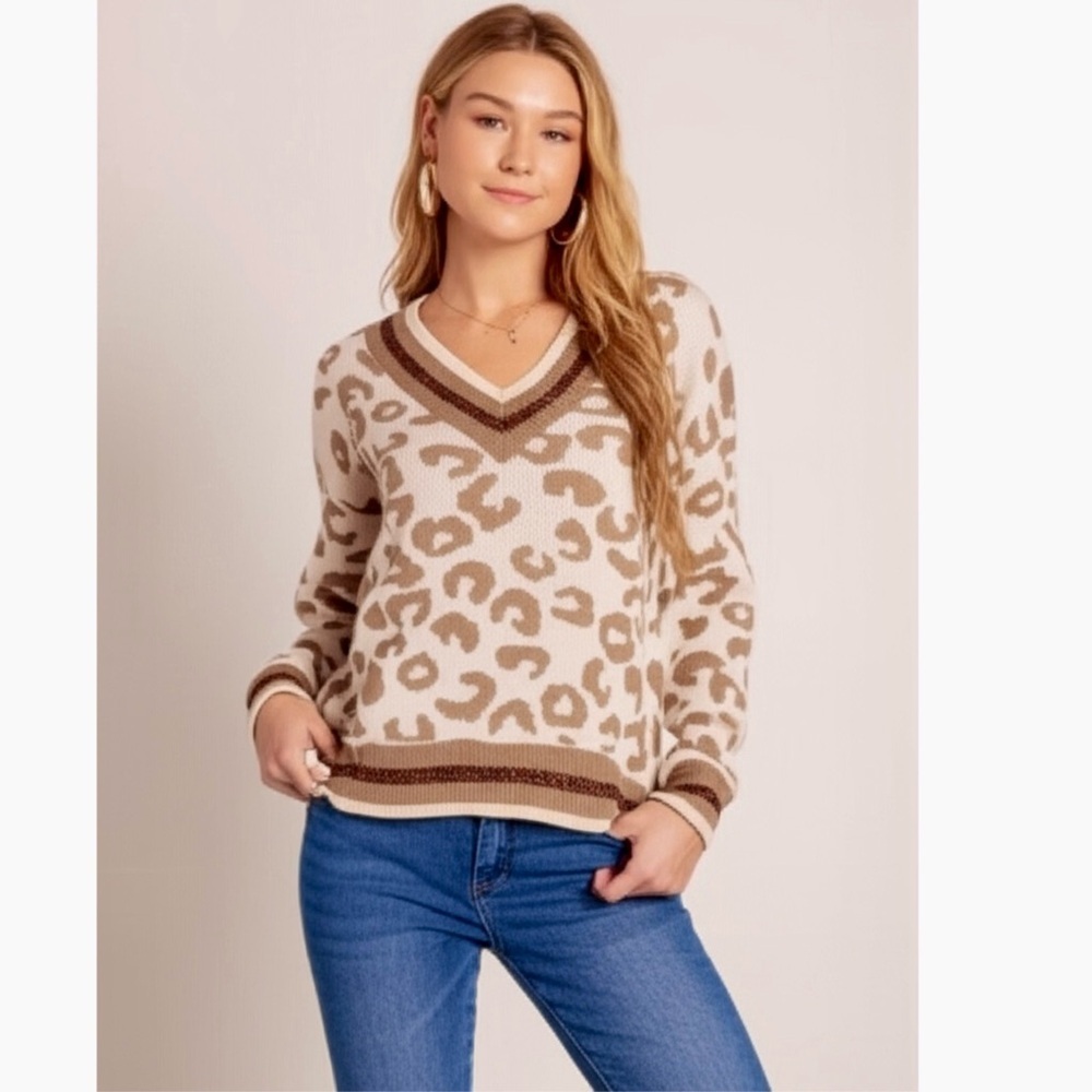 New Animal Print Light Knit V Neck Drop Shoulder Winter Sweater Sparkle Accents